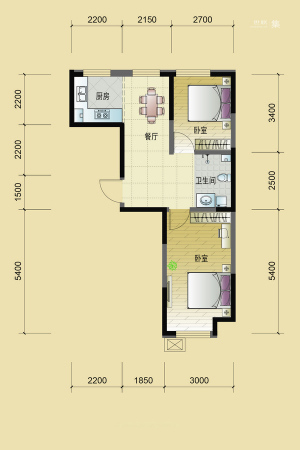东逸美郡二期E户型-2室1厅1卫1厨建筑面积69.66平米