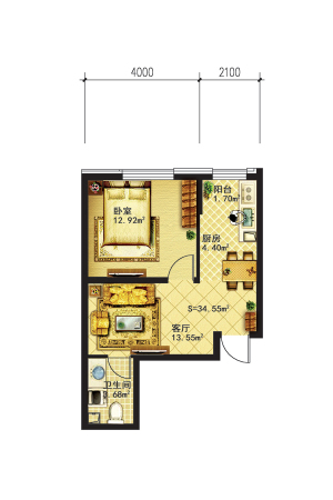 好人家10号楼使用面积34.55平米-1室1厅1卫1厨建筑面积55.28平米