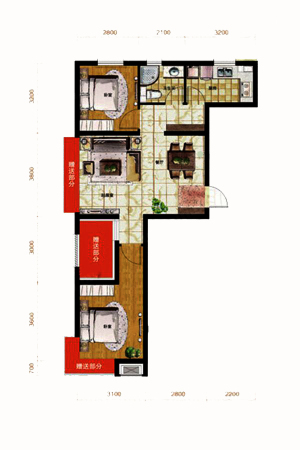 格林木棉花82平户型-2室2厅1卫1厨建筑面积82.00平米