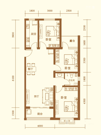 地润新城标准层B-5户型-3室2厅1卫1厨建筑面积116.16平米