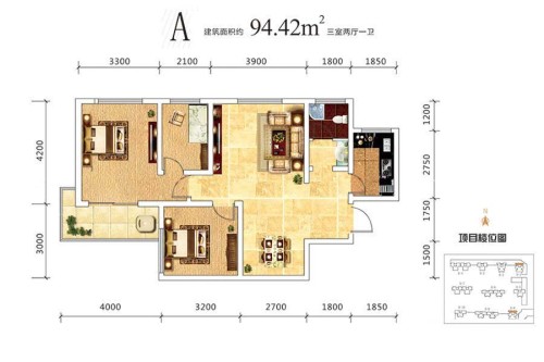 欧罗巴小镇1、8号楼A户型-3室2厅1卫1厨建筑面积94.42平米