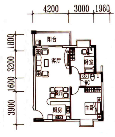 北岸晏城二期A3户型-2室2厅1卫1厨建筑面积83.00平米