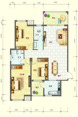 中泰名园4-01户型-3室2厅2卫1厨建筑面积105.80平米