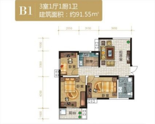 紫云溪B1户型-3室1厅1卫1厨建筑面积91.55平米