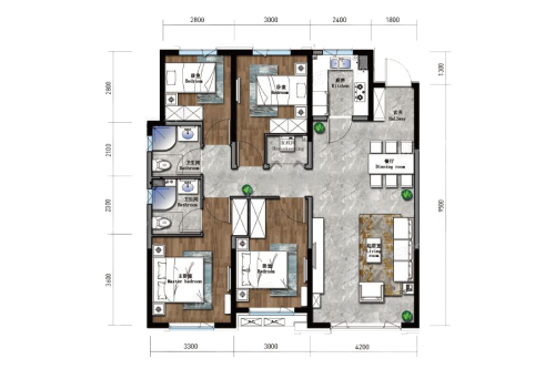 保利海德公园高层A3户型-4室2厅2卫1厨建筑面积128.00平米