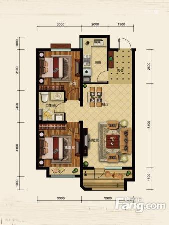 金地艺境88平户型-2室2厅1卫1厨建筑面积88.00平米