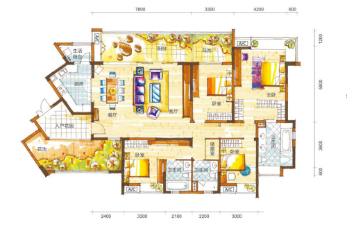 新鸿基悦城11-17栋205平户型-4室2厅3卫1厨建筑面积205.00平米