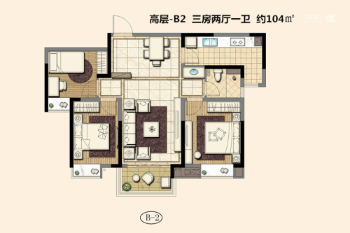 喜之郎丽湖湾一期05#、06#标准层B2户型-3室2厅1卫1厨建筑面积104.00平米