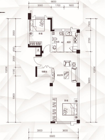 上东城市之光三期高层E户型-2室1厅1卫1厨建筑面积75.00平米