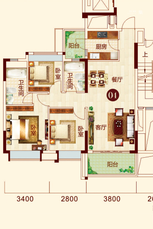 日华坊二期3幢03、04户型-3室2厅2卫1厨建筑面积103.00平米