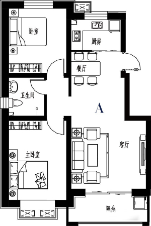 福润雅居1#、3#标准层A户型-2室2厅1卫1厨建筑面积89.00平米