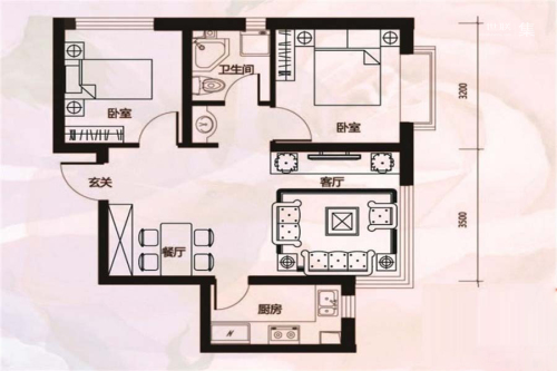 城市玫瑰园一期G1户型-2室2厅1卫1厨建筑面积67.88平米