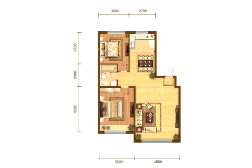 奥体玉园二期G2户型-2室2厅1卫1厨建筑面积89.00平米