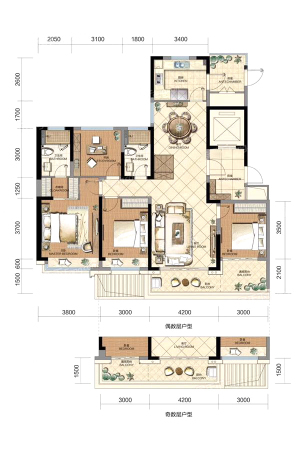 领航城143方户型-4室2厅2卫1厨建筑面积143.00平米