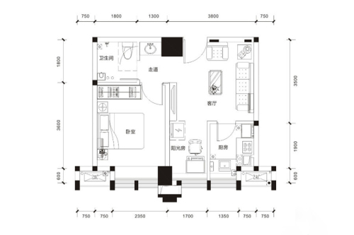 华润二十四城3号楼标准层D3户型（售罄）-1室1厅1卫1厨建筑面积50.00平米