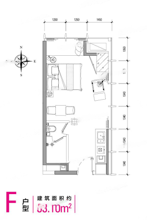 新源蜂巢21-25层公寓F户型图-1室1厅1卫1厨建筑面积33.10平米