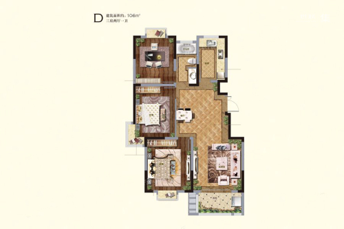 通宇林景蘭园项目D户型-3室2厅1卫1厨建筑面积106.00平米