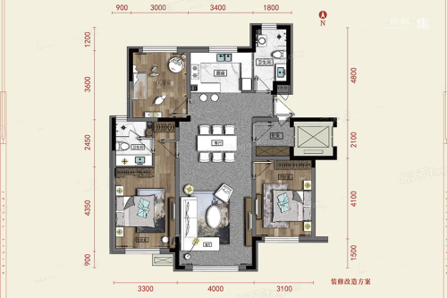亿茂·禧悦风华G1户型-3室2厅2卫1厨建筑面积108.00平米