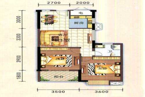 中兴金海湾H3户型-2室2厅1卫1厨建筑面积84.66平米