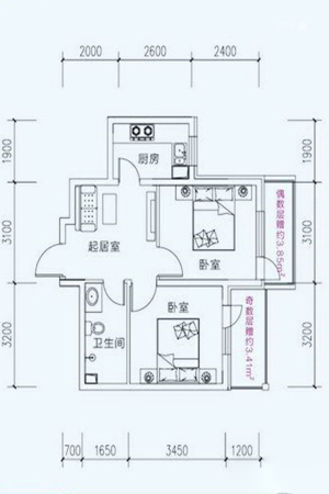 海伦堡B座I户型59平-2室1厅1卫1厨建筑面积59.00平米