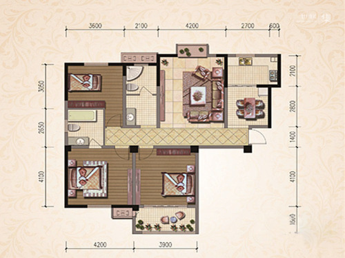 君悦花园一期1#标准层A户型-3室2厅2卫1厨建筑面积144.71平米