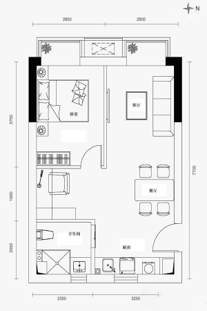 中粮隆玺祥云W-F户型-1室1厅1卫1厨建筑面积58.28平米