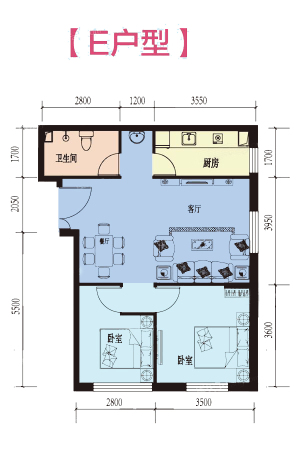 晶彩中心E户型-2室2厅1卫1厨建筑面积85.00平米