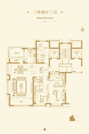 绿地·海珀云翡180平户型图-3室2厅3卫1厨建筑面积180.00平米