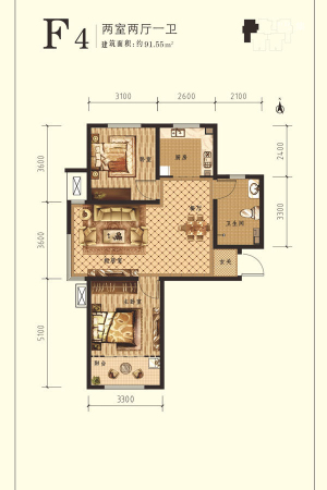想象国际南11#标准层F4户型-2室2厅1卫1厨建筑面积91.55平米