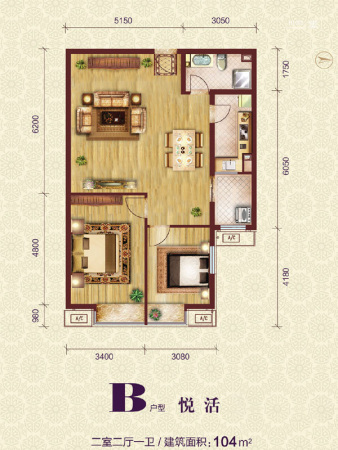 珠江悦公馆B户型-B户型-2室2厅1卫1厨建筑面积104.00平米