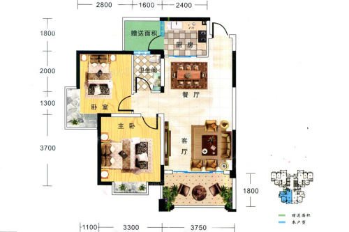 宏瑞新城E#G#79平两房户型-2室2厅1卫1厨建筑面积79.00平米