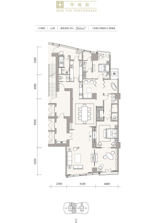 成都银泰中心华悦府5号楼标准层A2户型-4室2厅4卫2厨建筑面积266.00平米