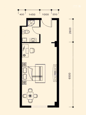 黎明生活坊B户型-1室1厅1卫1厨建筑面积41.12平米