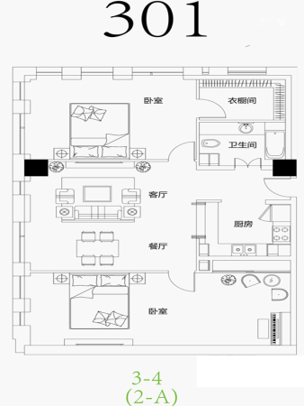 金奥费尔蒙公寓一期金奥公寓4层301户型-2室2厅1卫1厨建筑面积200.00平米