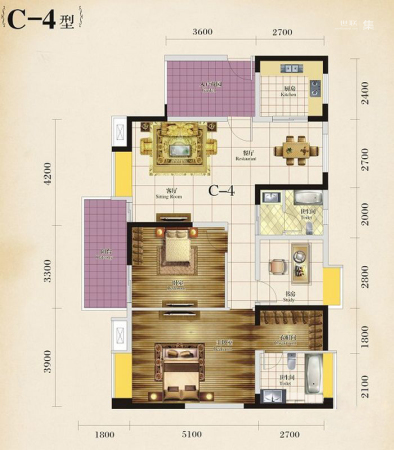 桂湖名城2期一期2、4、6号楼标准层C4户型（售罄）-2室2厅1卫1厨建筑面积131.52平米