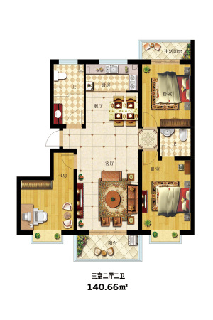 新城小镇8#标准层三室户型-3室2厅2卫1厨建筑面积140.66平米
