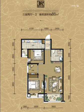 曲江·华著中城一期1、2、4号楼C5户型-3室2厅1卫1厨建筑面积88.00平米