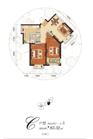 阳光台365C户型-2室2厅1卫1厨建筑面积83.32平米