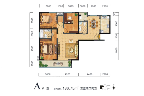 晶鑫华庭A户型-3室2厅2卫1厨建筑面积136.75平米