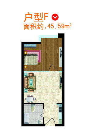 金河国际公寓F户型-1室1厅1卫1厨建筑面积45.59平米