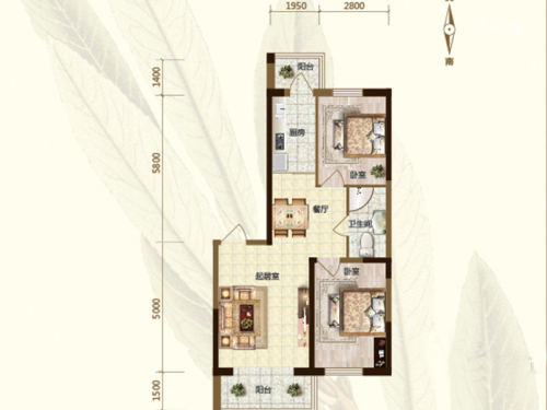 远创樾府一期标准层S户型-2室2厅1卫1厨建筑面积86.63平米