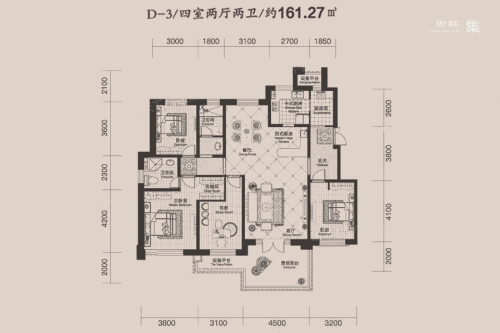 瀚林甲第3号楼D-3户型-4室2厅2卫1厨建筑面积161.27平米