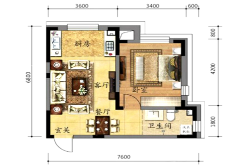 金色8里城二期G户型-1室2厅1卫1厨建筑面积59.09平米