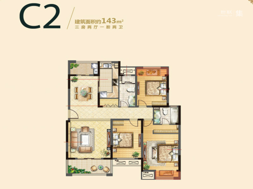 雍福龙庭一期44、45、46、65幢C2户型-3室2厅2卫1厨建筑面积143.00平米