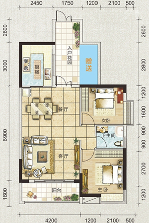 海天瑶B2户型-2室2厅1卫1厨建筑面积85.00平米