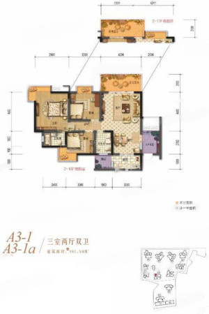 棠湖清江花语一期A3-1、A3-1a户型标准层-3室2厅2卫1厨建筑面积101.58平米