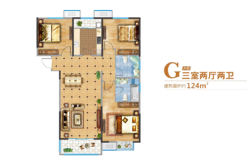 悦美国际2期7、8、11号楼G户型-3室2厅2卫1厨建筑面积124.00平米
