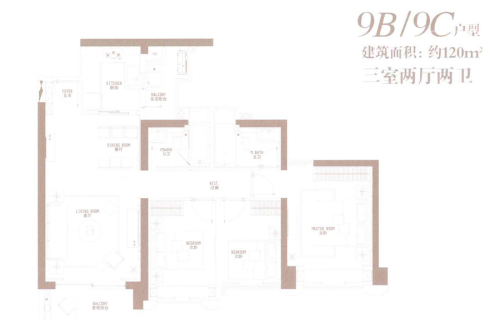 中海天钻9B、C户型-9B、C户型-3室2厅2卫1厨建筑面积120.00平米