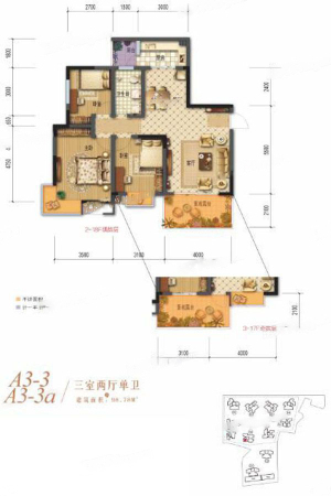 棠湖清江花语一期A3-3、A3-3a户型标准层-3室2厅1卫1厨建筑面积98.28平米
