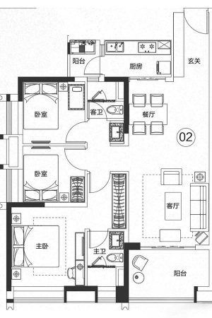 保利紫云B2-02户型-3室2厅2卫1厨建筑面积109.56平米